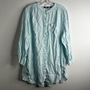 Lands End Shirt Dress Womens 1X Blue Linen Tunic Button Front Pockets Coastal